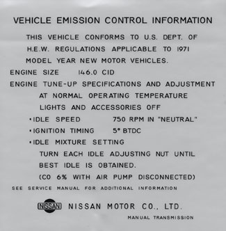 Decal: Tune Up & Emissions, 71 240Z