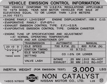 Decal: Tune Up & Emissions, 78 280Z