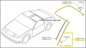 Factory Door Weatherstrip, On Body, Left, With T-Top, 90-96 300ZX 2+2