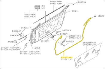 Factory Door Weatherstrip, On Door, Right, 90-96 300ZX Coupe