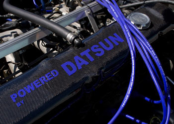 Carbon Fiber Valve Cover Cap, "POWERED BY DATSUN" Blue, 70-83 Z/ZX